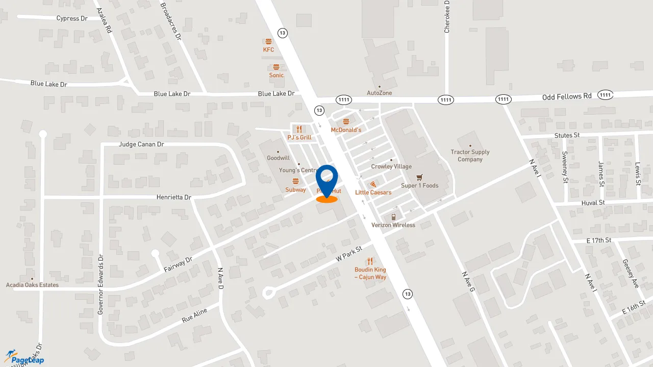 https://pageleap.com map showing location of Pizza Hut in Crowley.
