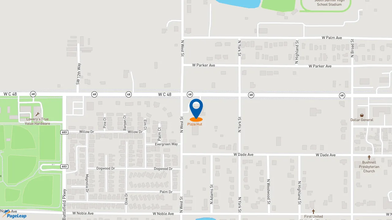 https://pageleap.com map showing location of Pizza Hut in Bushnell.