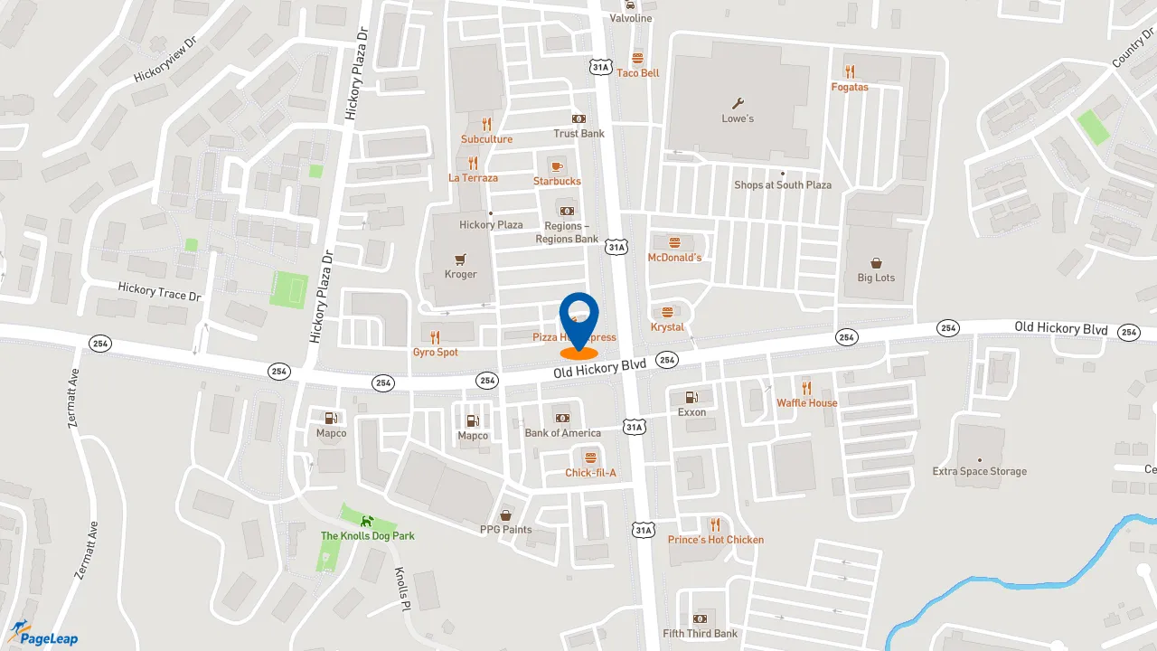 https://pageleap.com map showing location of Pizza Hut in Nashville.
