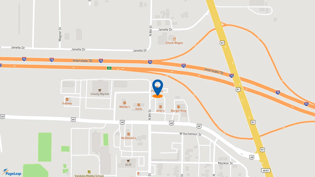 https://pageleap.com map showing location of Pizza Hut in Vandalia.