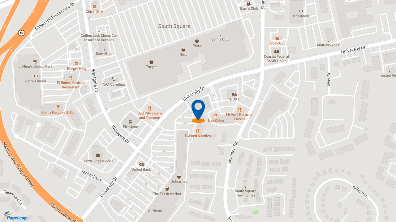 https://pageleap.com map showing location of Pizza Hut in Durham.
