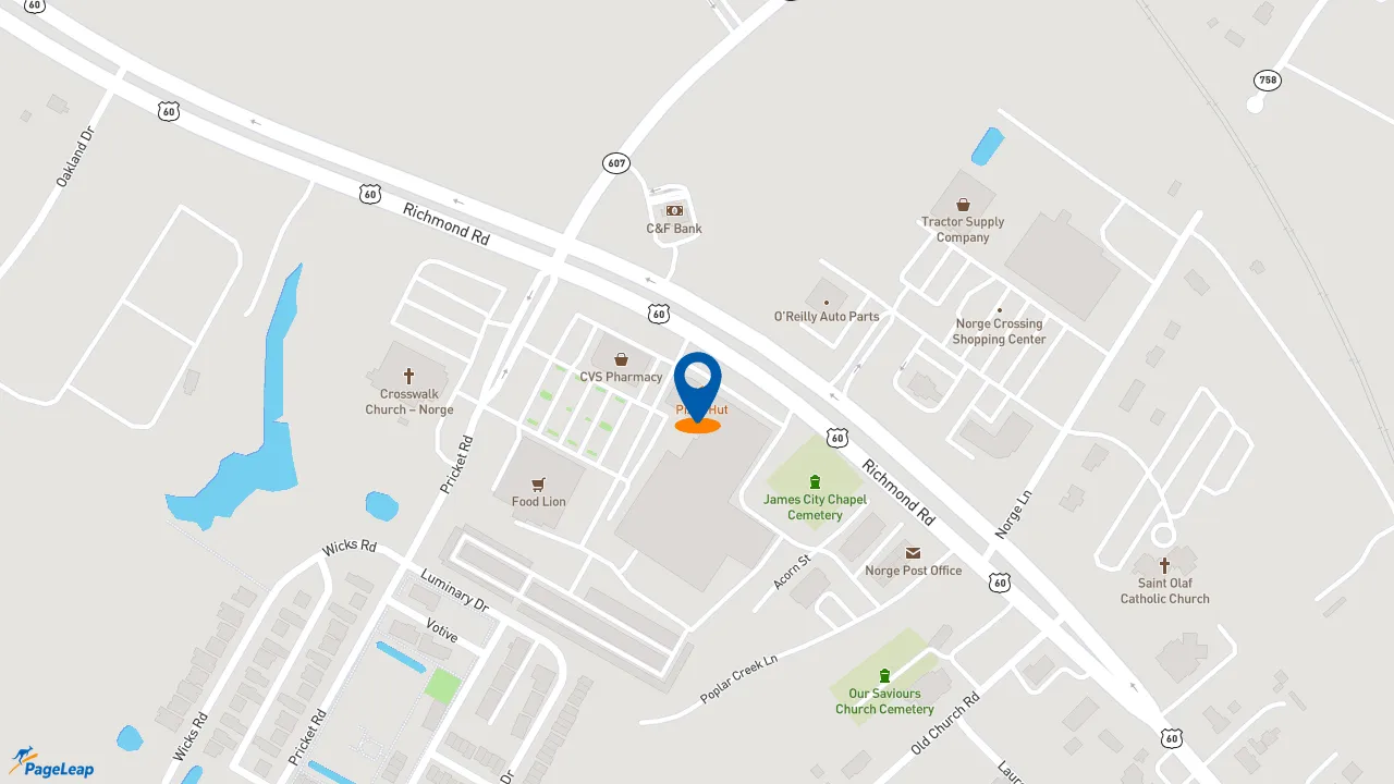 https://pageleap.com map showing location of Pizza Hut in Williamsburg.