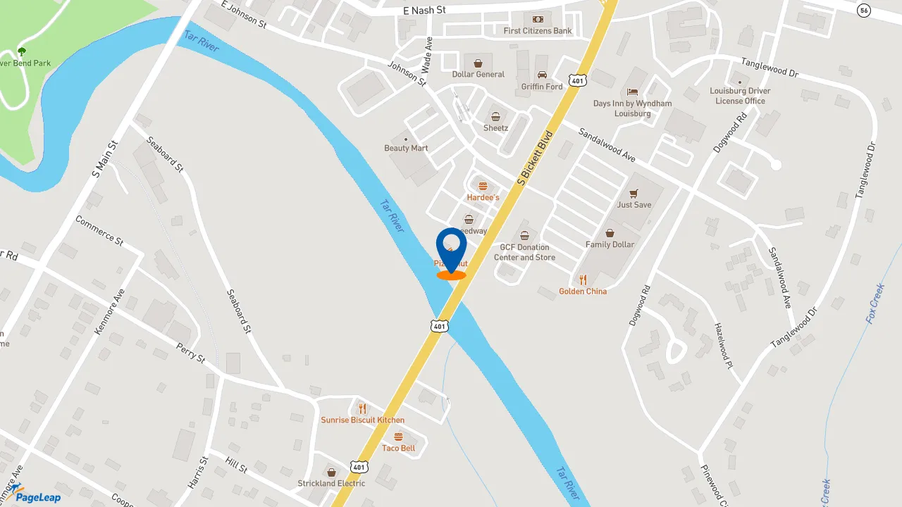 https://pageleap.com map showing location of Pizza Hut in Louisburg.