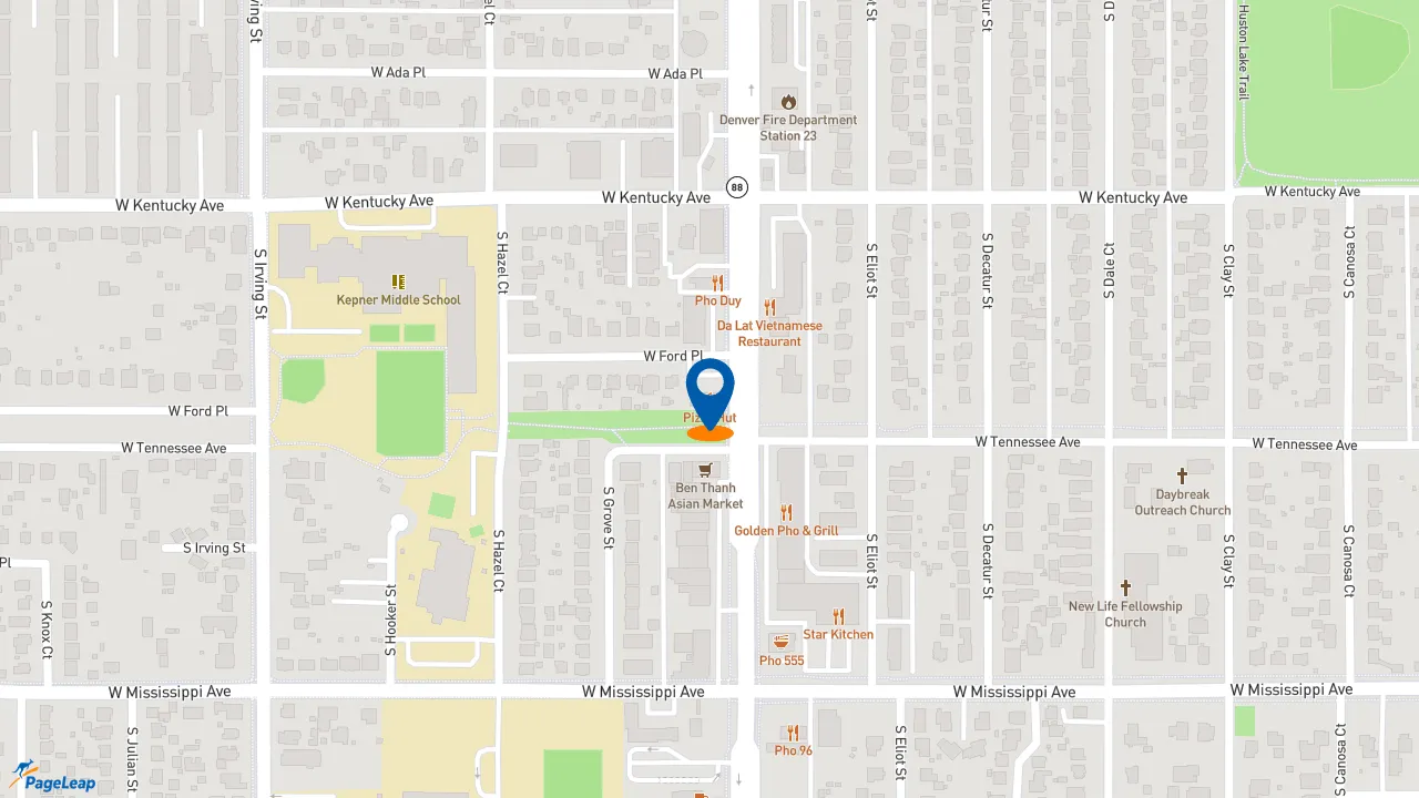 https://pageleap.com map showing location of Pizza Hut in Denver.