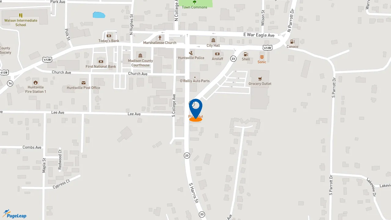 https://pageleap.com map showing location of Pizza Hut in Huntsville.
