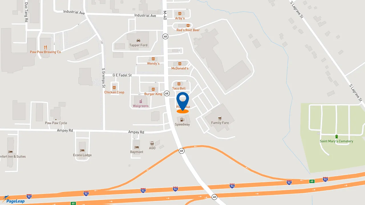 https://pageleap.com map showing location of Pizza Hut in Paw Paw.