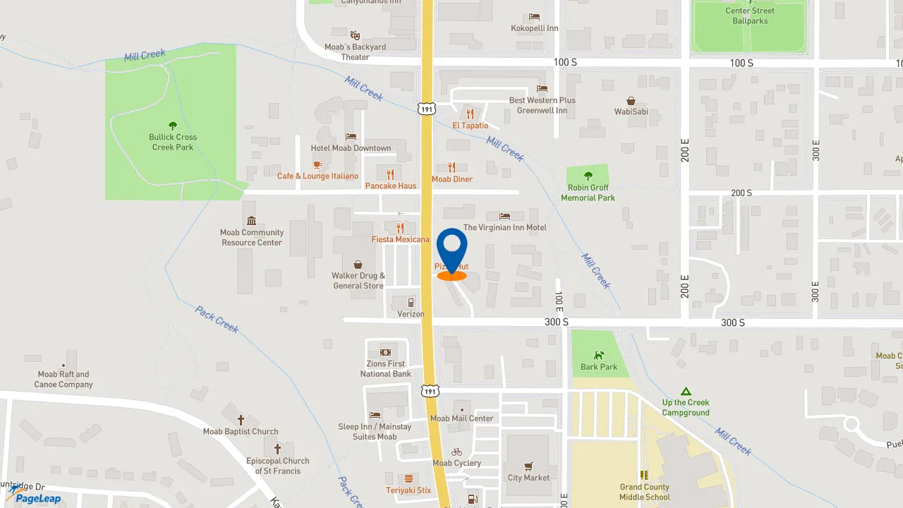 https://pageleap.com map showing location of Pizza Hut in Moab.