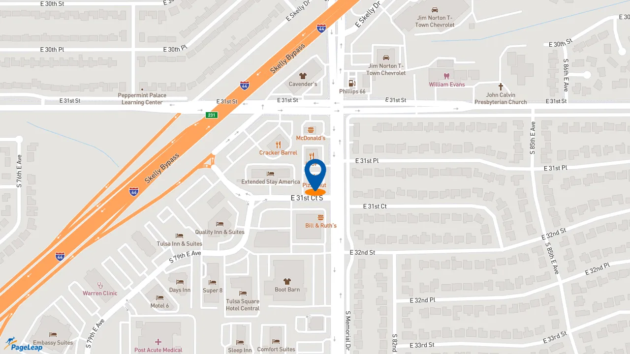 https://pageleap.com map showing location of Pizza Hut in Tulsa.