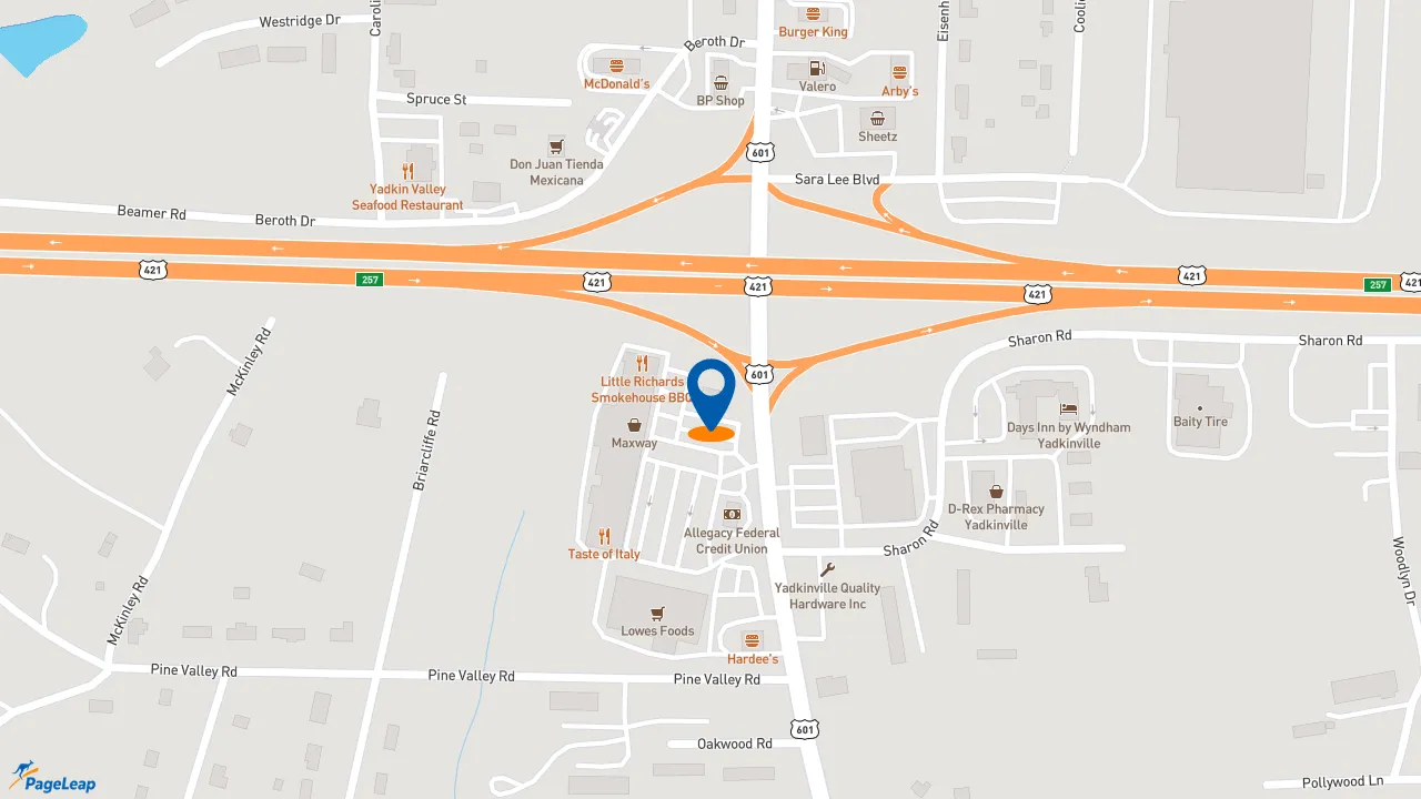 https://pageleap.com map showing location of Pizza Hut in Yadkinville.