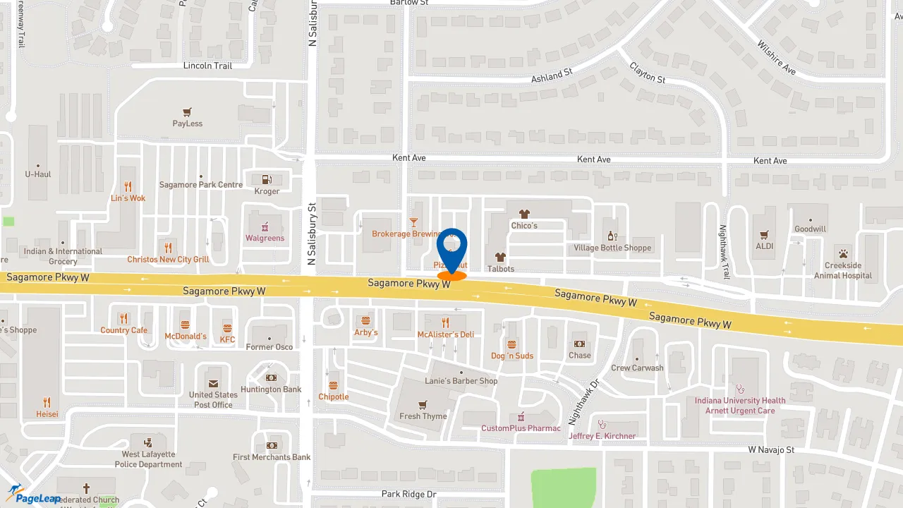https://pageleap.com map showing location of Pizza Hut in West Lafayette.