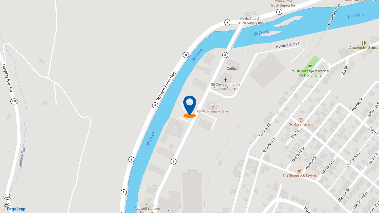 https://pageleap.com map showing location of Pizza Hut in Oil City.