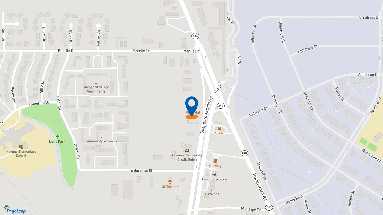 https://pageleap.com map showing location of Pizza Hut in Wichita Falls.