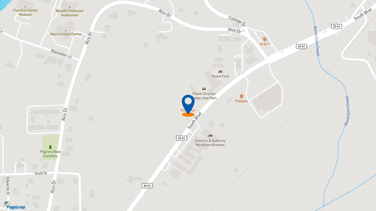 https://pageleap.com map showing location of Pizza Hut in Brewton.