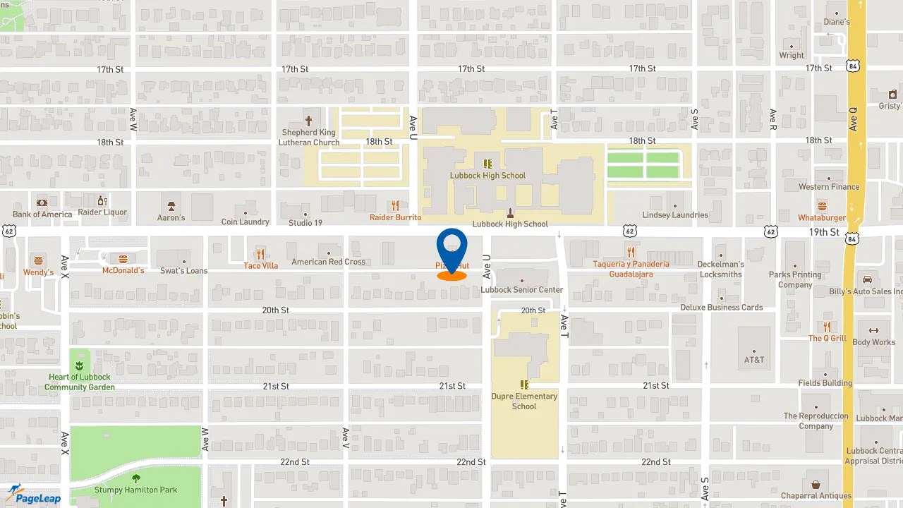 https://pageleap.com map showing location of Pizza Hut in Lubbock.