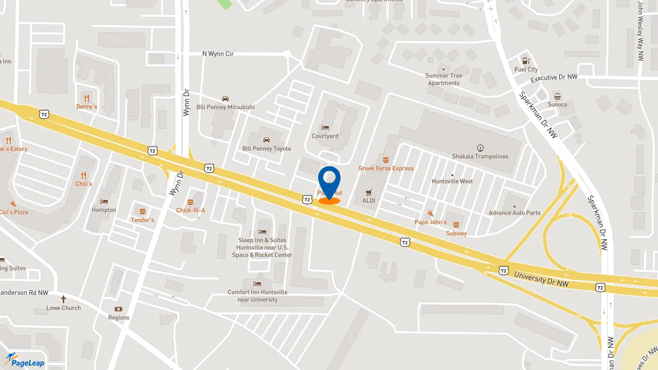 https://pageleap.com map showing location of Pizza Hut in Huntsville.