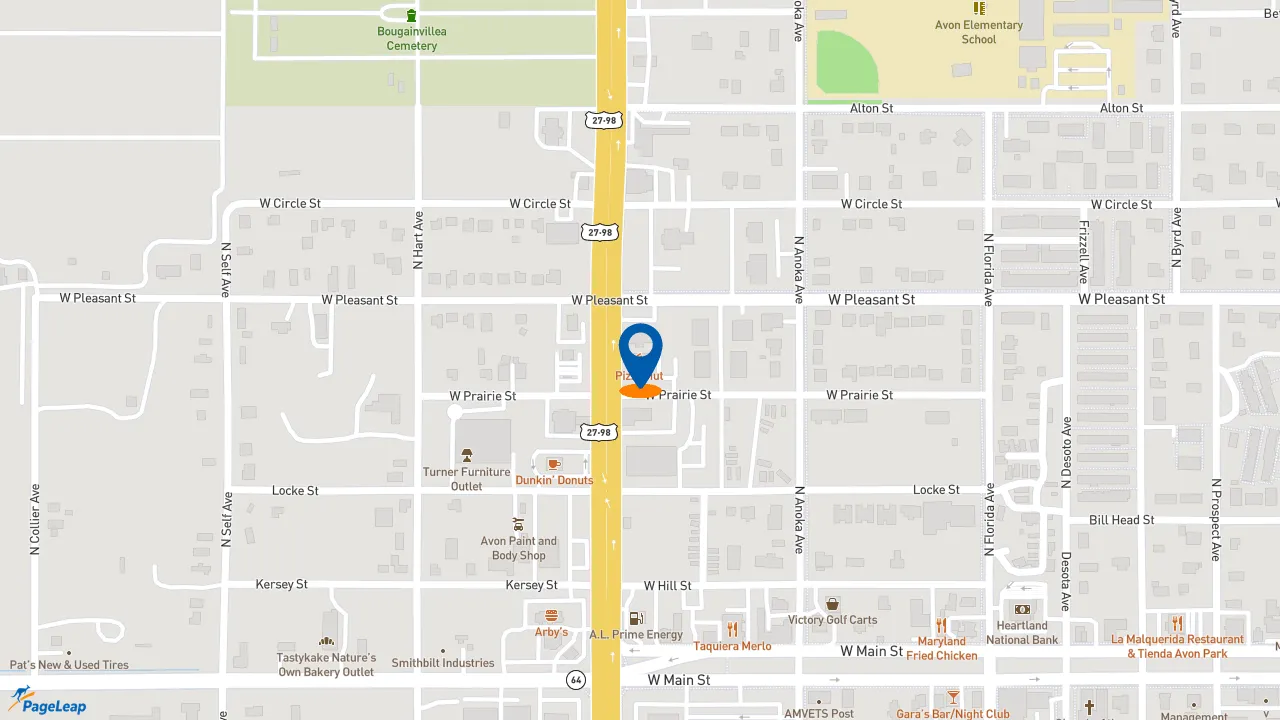 https://pageleap.com map showing location of Pizza Hut in Avon Park.