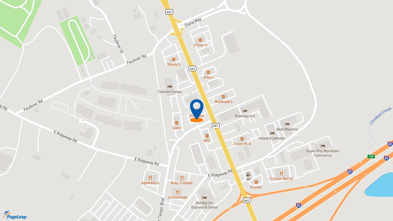 https://pageleap.com map showing location of Pizza Hut in Commerce.
