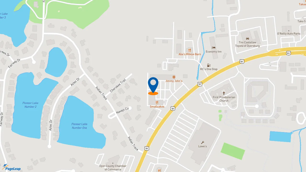 https://pageleap.com map showing location of Pizza Hut in Dyersburg.