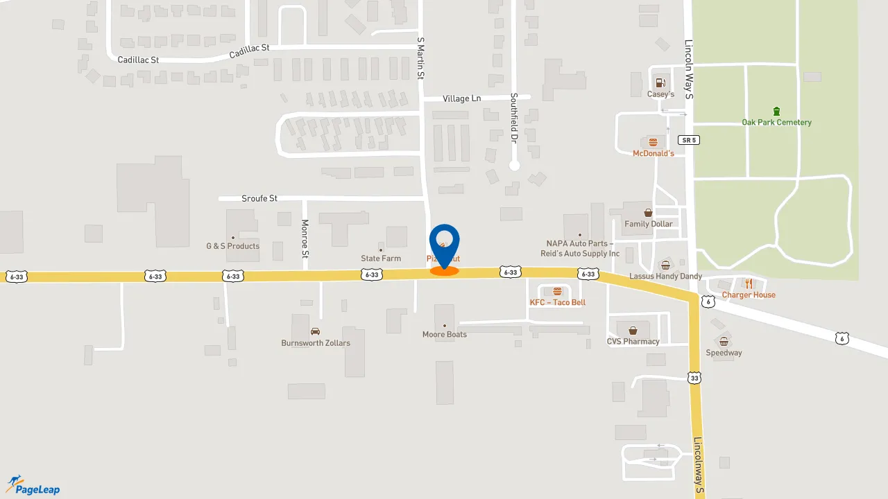 https://pageleap.com map showing location of Pizza Hut in Ligonier.