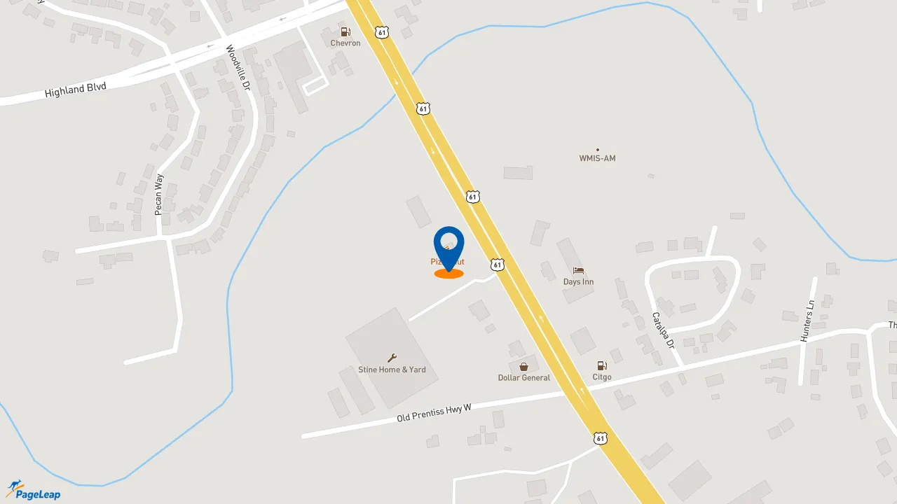 https://pageleap.com map showing location of Pizza Hut in Natchez.