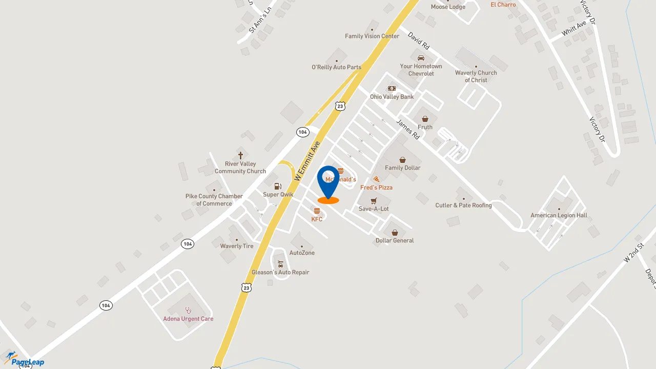 https://pageleap.com map showing location of Pizza Hut in Waverly.
