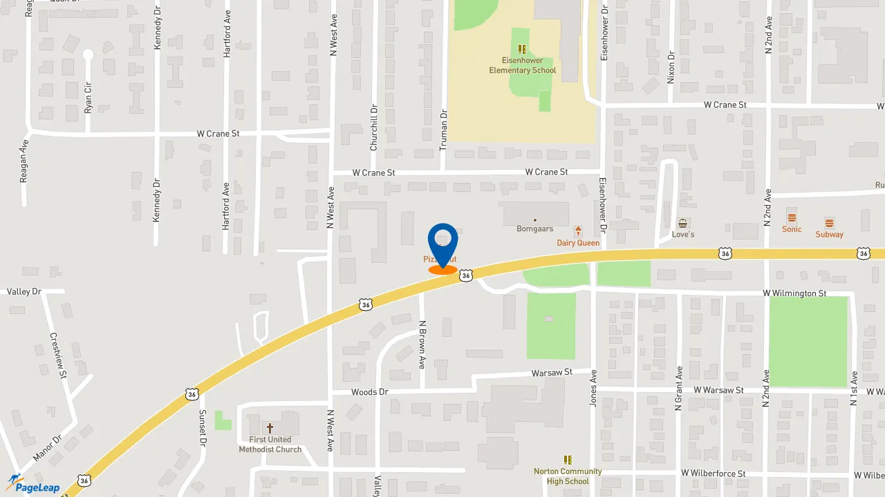 https://pageleap.com map showing location of Pizza Hut in Norton.