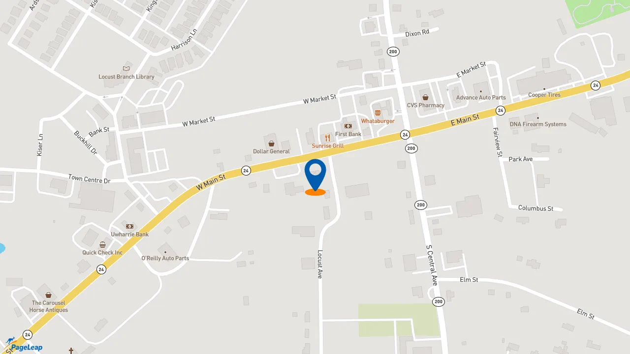 https://pageleap.com map showing location of Pizza Hut in Locust.