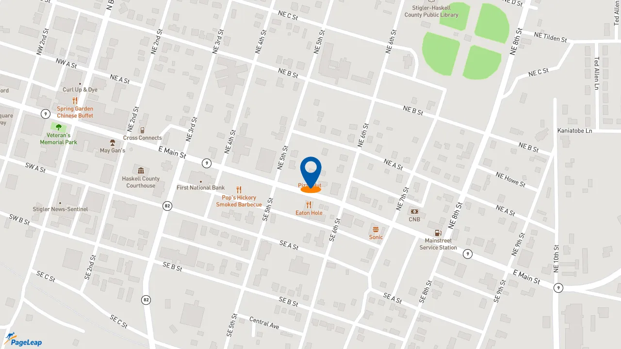 https://pageleap.com map showing location of Pizza Hut in Stigler.