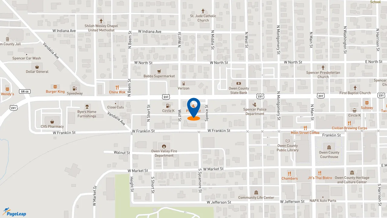 https://pageleap.com map showing location of Pizza Hut in Spencer.