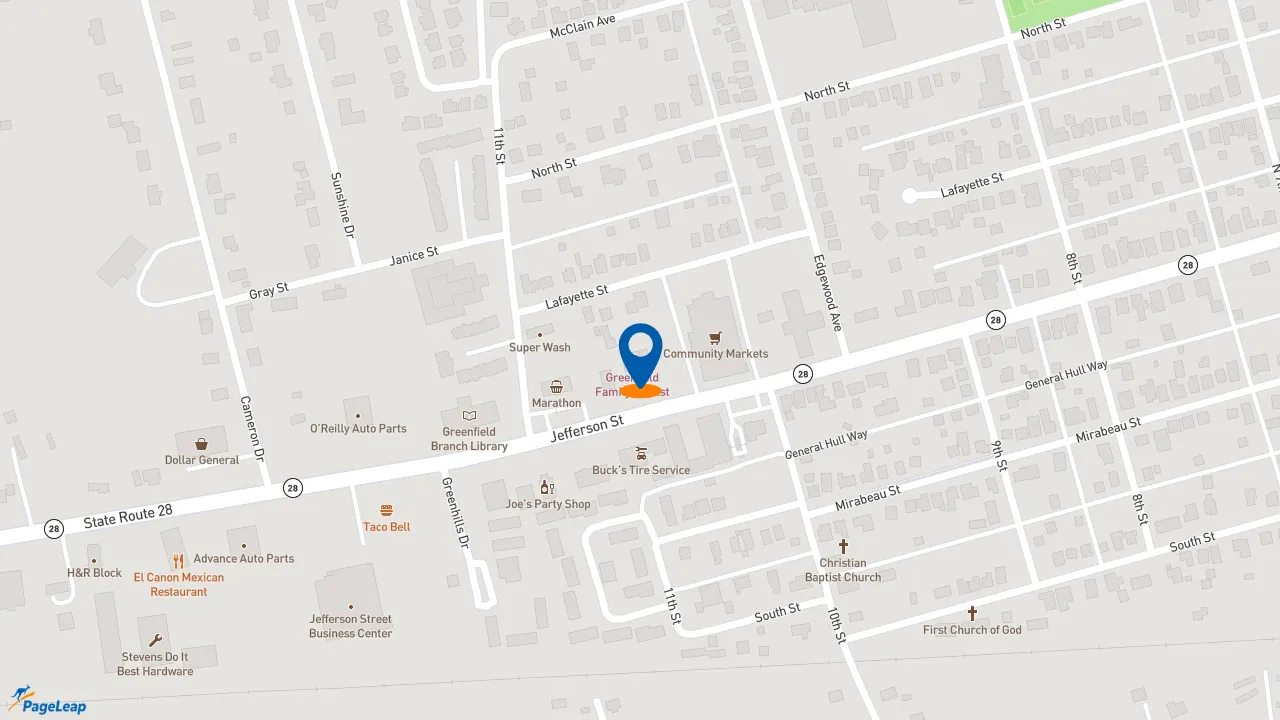https://pageleap.com map showing location of Pizza Hut in Greenfield.
