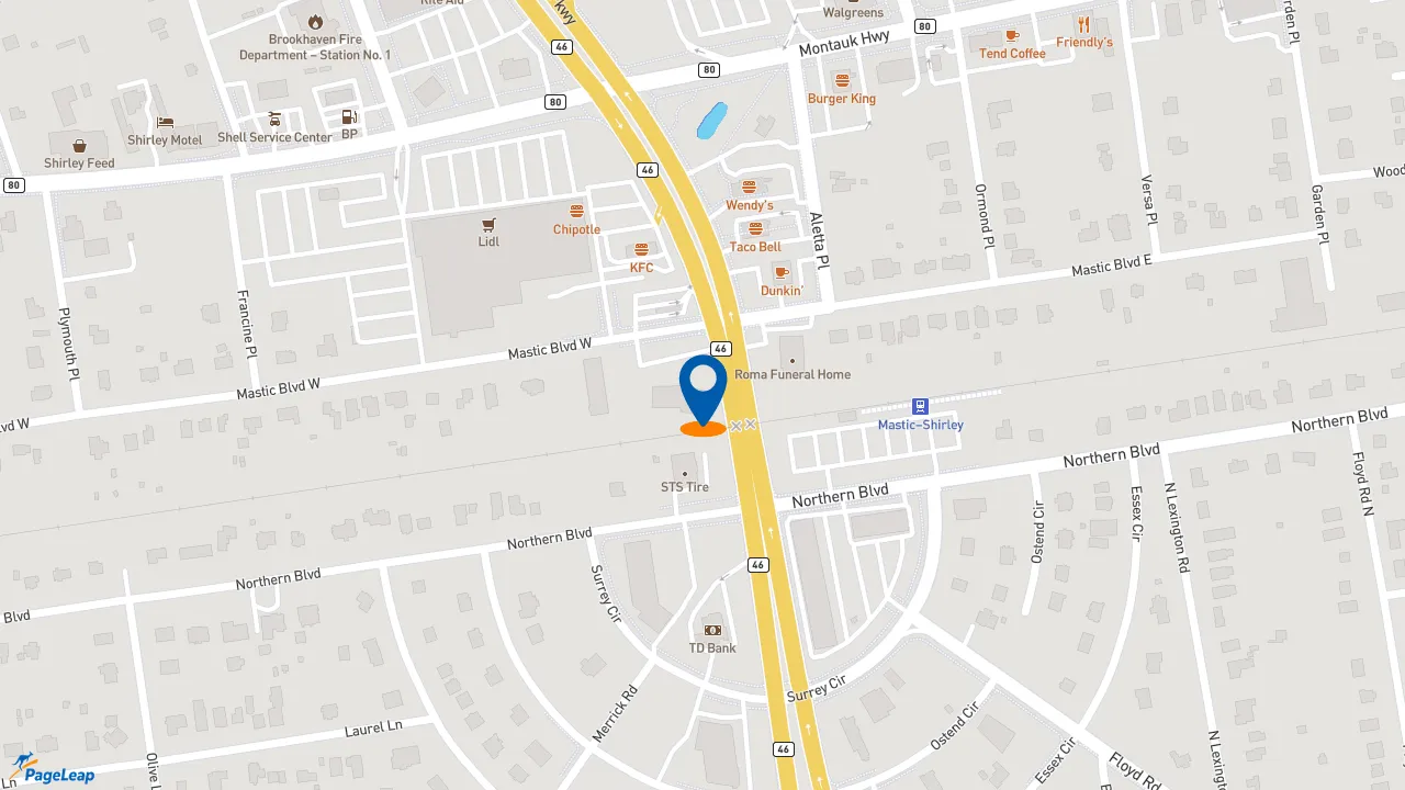 https://pageleap.com map showing location of Pizza Hut in Shirley.