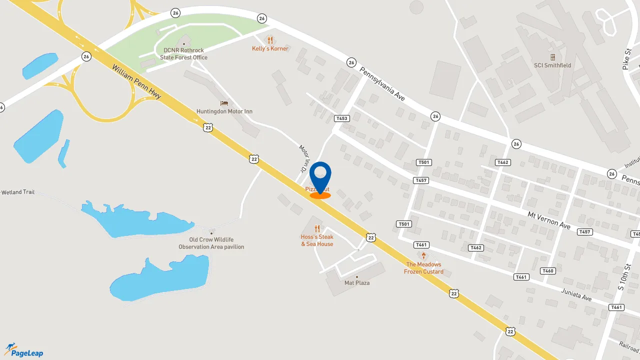 https://pageleap.com map showing location of Pizza Hut in Huntingdon.