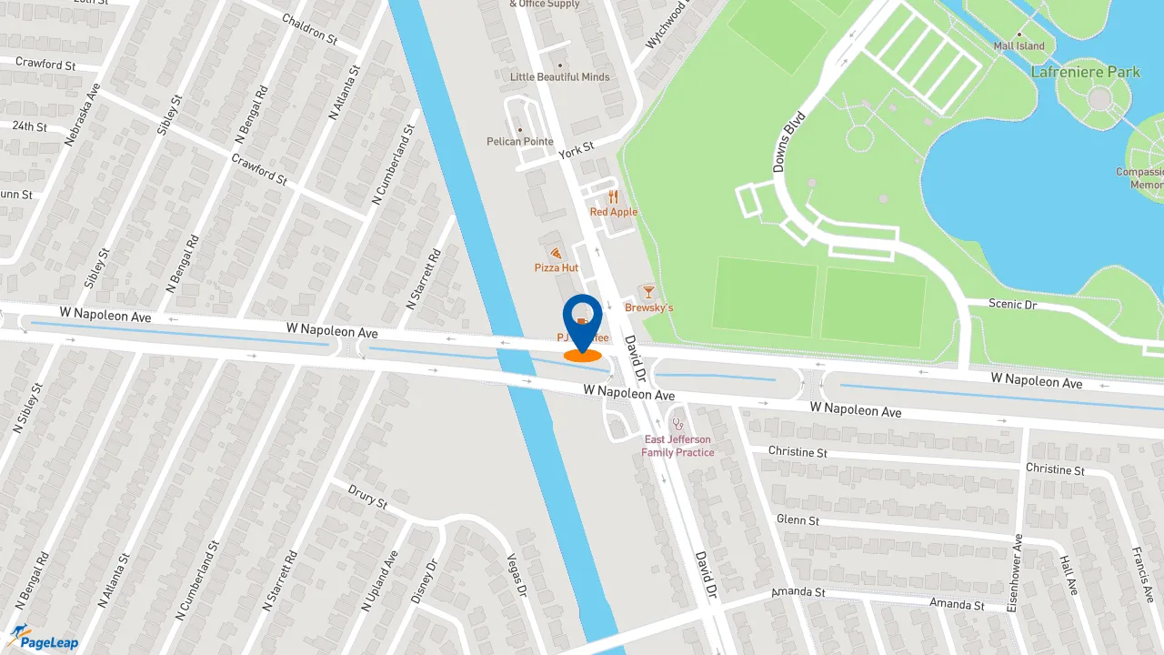https://pageleap.com map showing location of PJ&#039;s Coffee in Metairie.