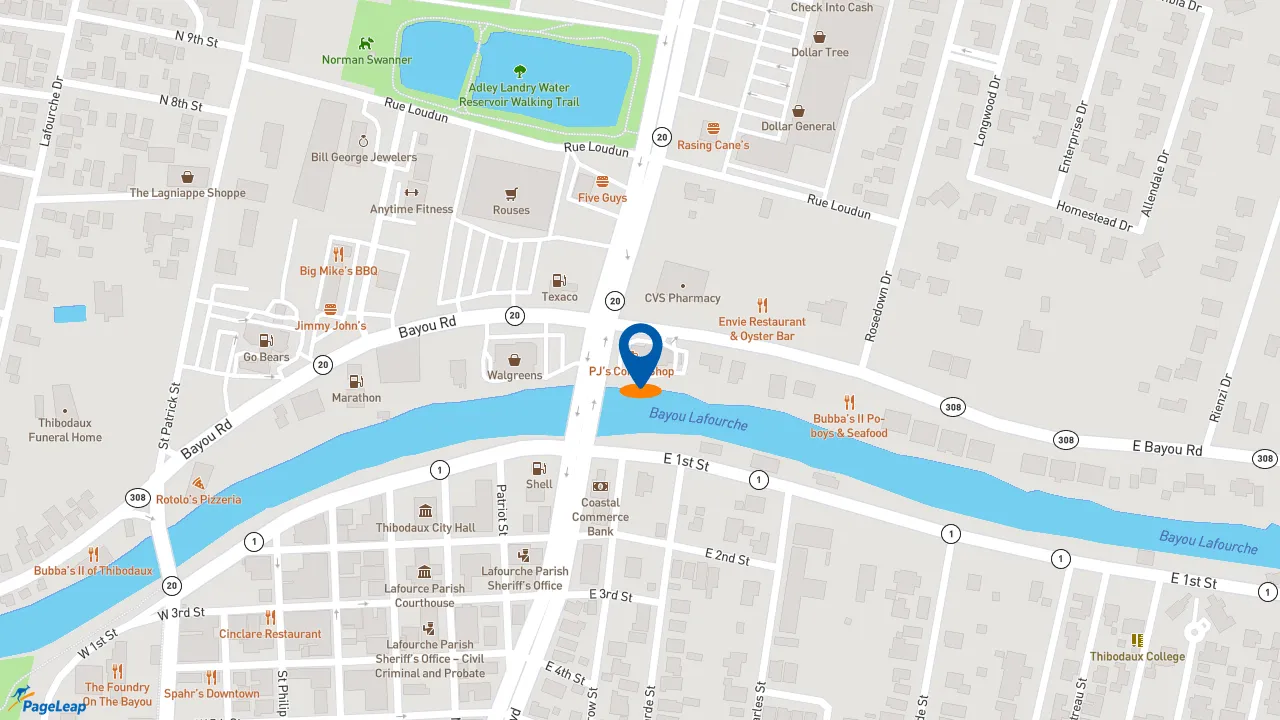 https://pageleap.com map showing location of PJ&#039;s Coffee in Thibodaux.