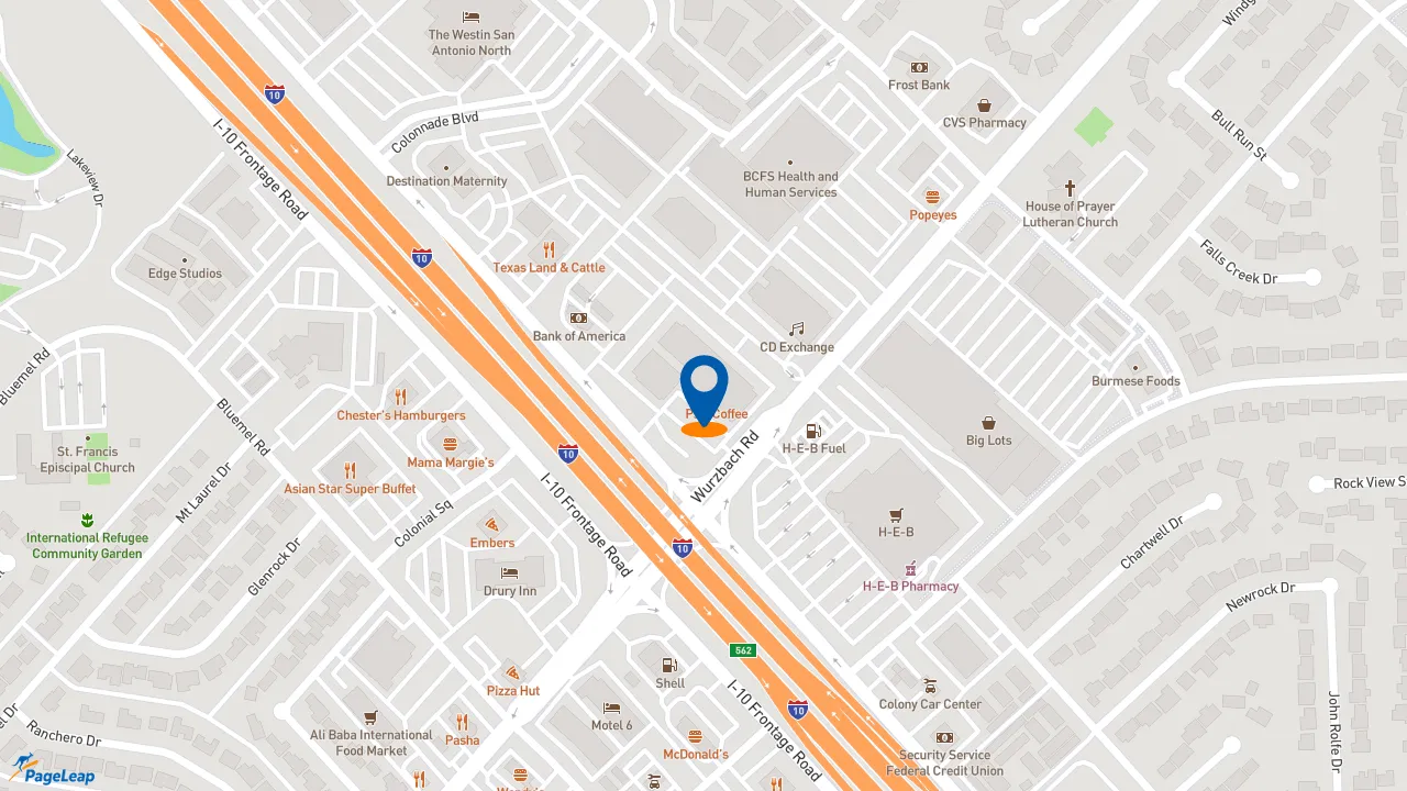 https://pageleap.com map showing location of PJ&#039;s Coffee in San Antonio.