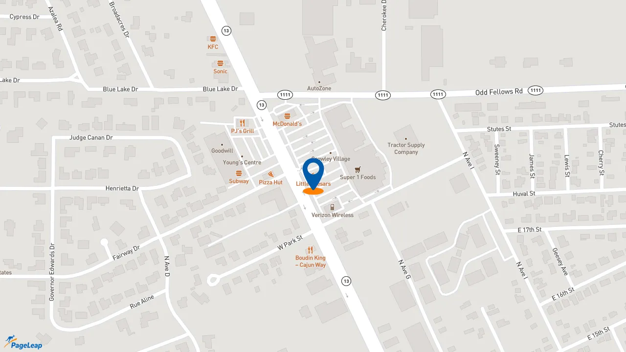 https://pageleap.com map showing location of PJ&#039;s Coffee in Crowley.