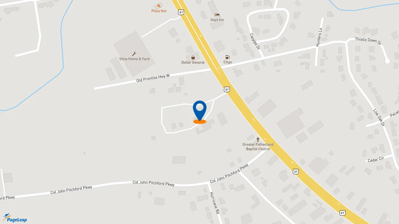 https://pageleap.com map showing location of PJ&#039;s Coffee in Natchez.