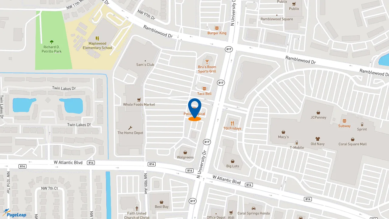 https://pageleap.com map showing location of Pollo Tropical in Coral Springs.