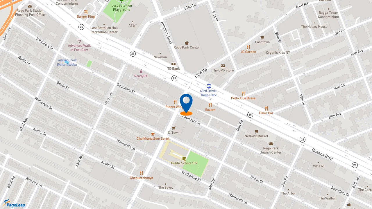 https://pageleap.com map showing location of Popeyes Louisiana Kitchen in Queens.
