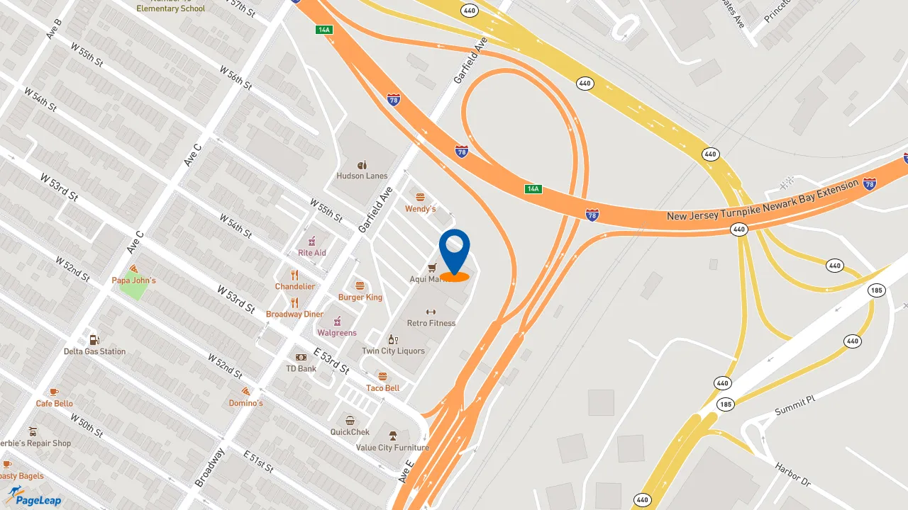 https://pageleap.com map showing location of Popeyes Louisiana Kitchen in Jersey City.