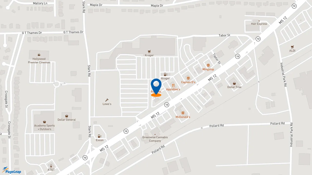 https://pageleap.com map showing location of Popeyes Louisiana Kitchen in Starkville.