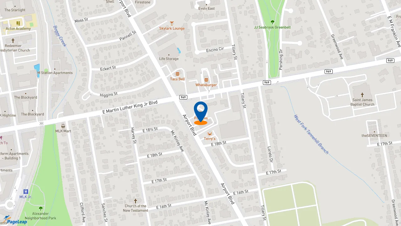 https://pageleap.com map showing location of Popeyes Louisiana Kitchen in Austin.