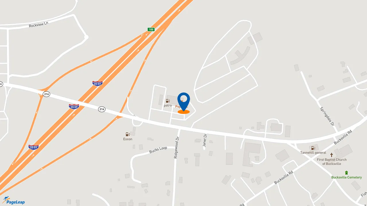 https://pageleap.com map showing location of Popeyes Louisiana Kitchen in Woodstock.