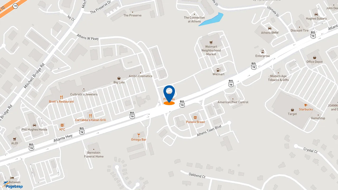 https://pageleap.com map showing location of Popeyes Louisiana Kitchen in Athens.
