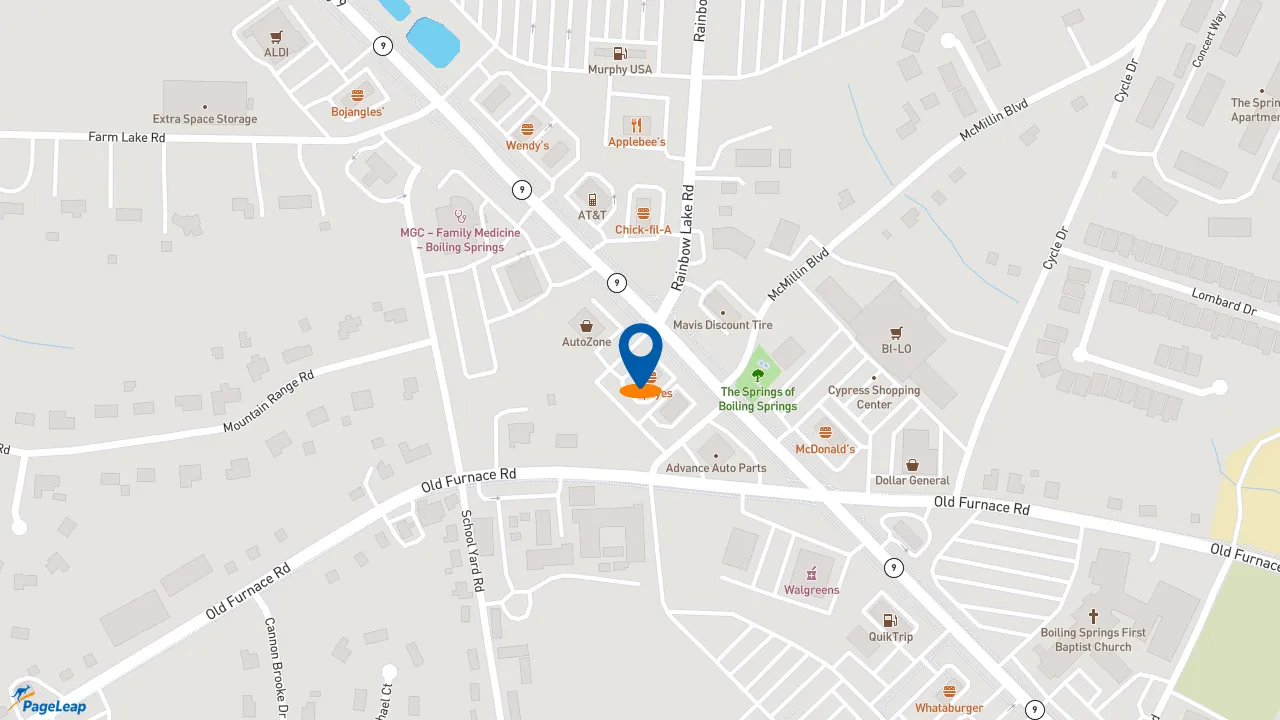https://pageleap.com map showing location of Popeyes Louisiana Kitchen in Boiling Springs.
