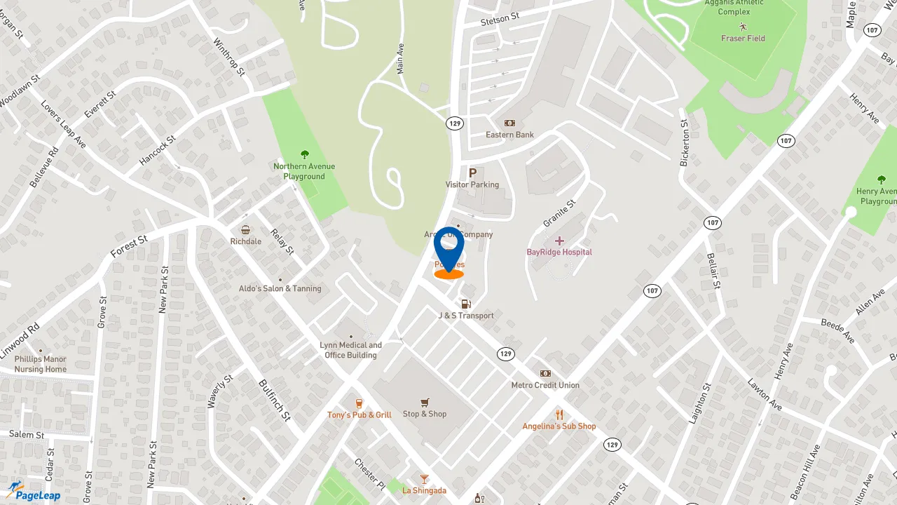 https://pageleap.com map showing location of Popeyes Louisiana Kitchen in Lynn.
