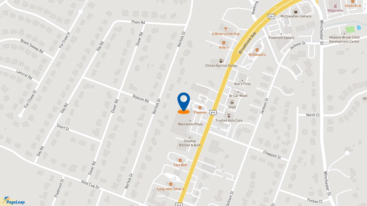 https://pageleap.com map showing location of Popeyes Louisiana Kitchen in Warrenton.