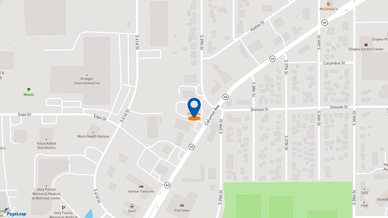 https://pageleap.com map showing location of Popeyes Louisiana Kitchen in Manitowoc.