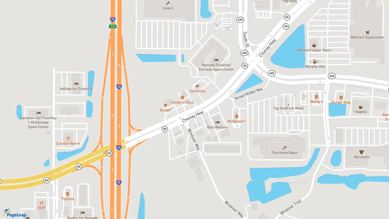 https://pageleap.com map showing location of Popeyes Louisiana Kitchen in Titusville.