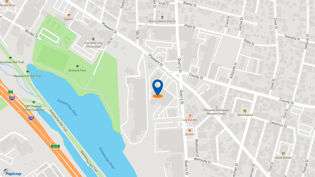 https://pageleap.com map showing location of Popeyes Louisiana Kitchen - Closed in Fall River.